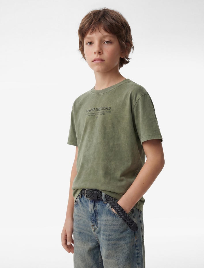 Erkek Çocuk Pamuklu Kısa Kollu Bisiklet Yaka Baskılı Oversize Tişört