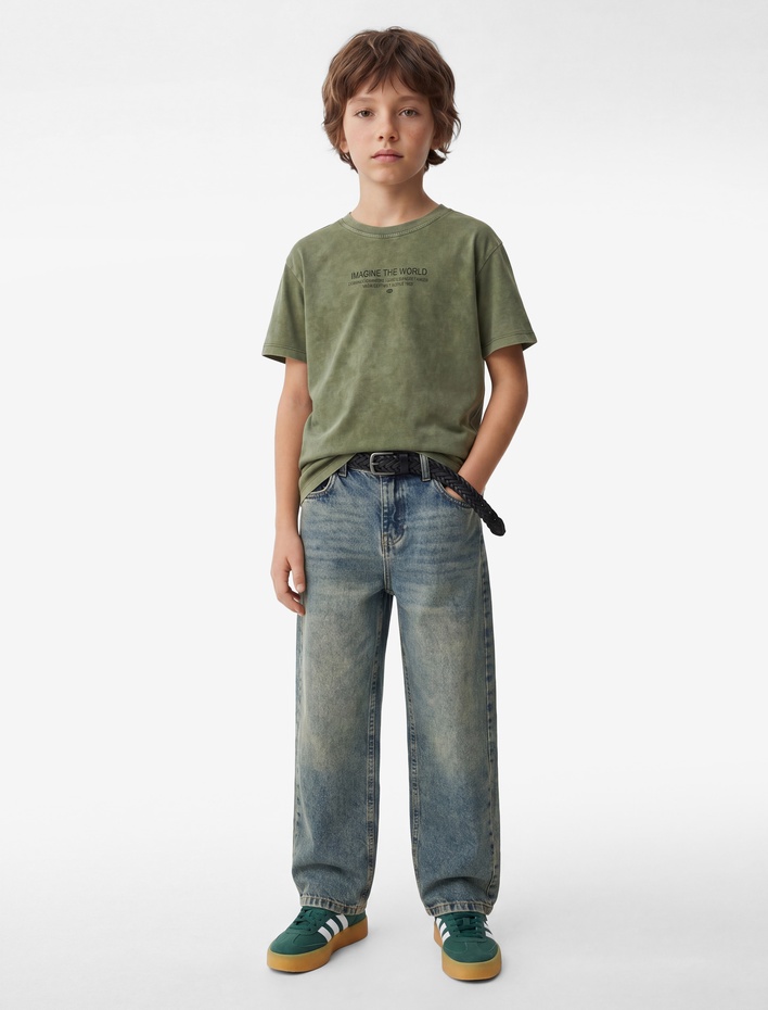 Erkek Çocuk Pamuklu Kısa Kollu Bisiklet Yaka Baskılı Oversize Tişört