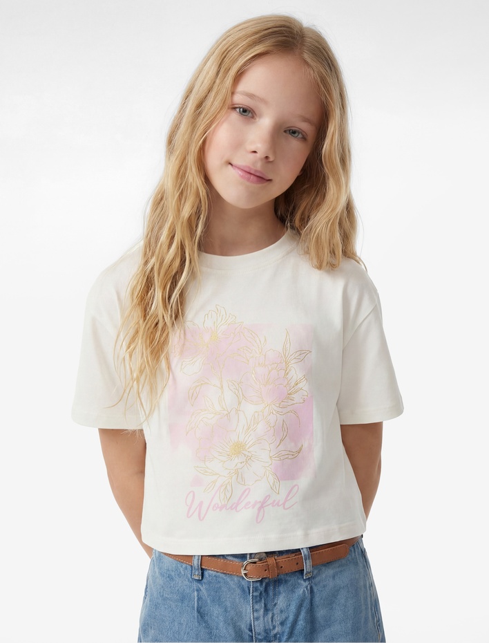 Kız Çocuk Kısa Kollu Bisiklet Yaka Pamuklu Çiçek Baskılı Tişört