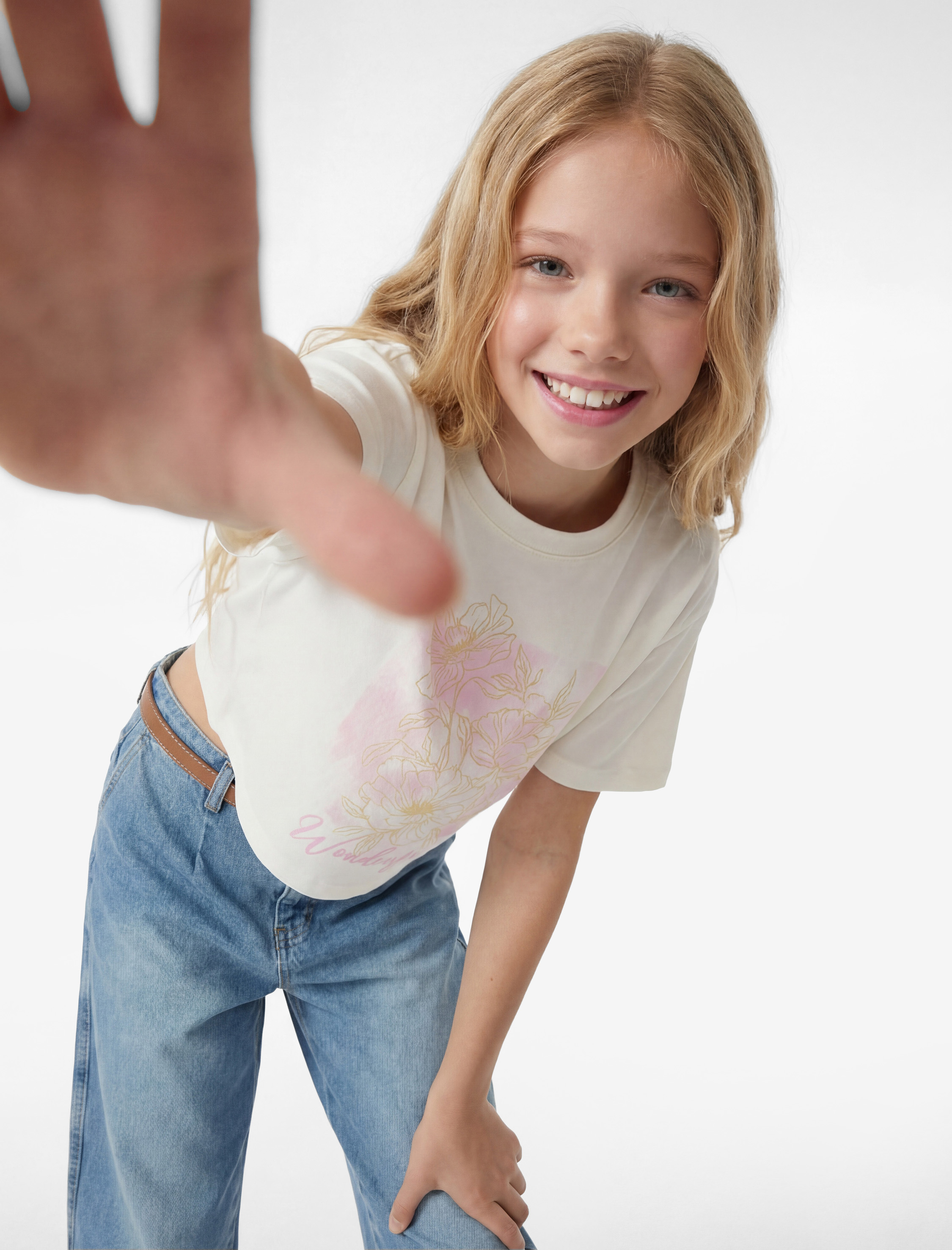  Kız Çocuk Kısa Kollu Bisiklet Yaka Pamuklu Çiçek Baskılı Tişört