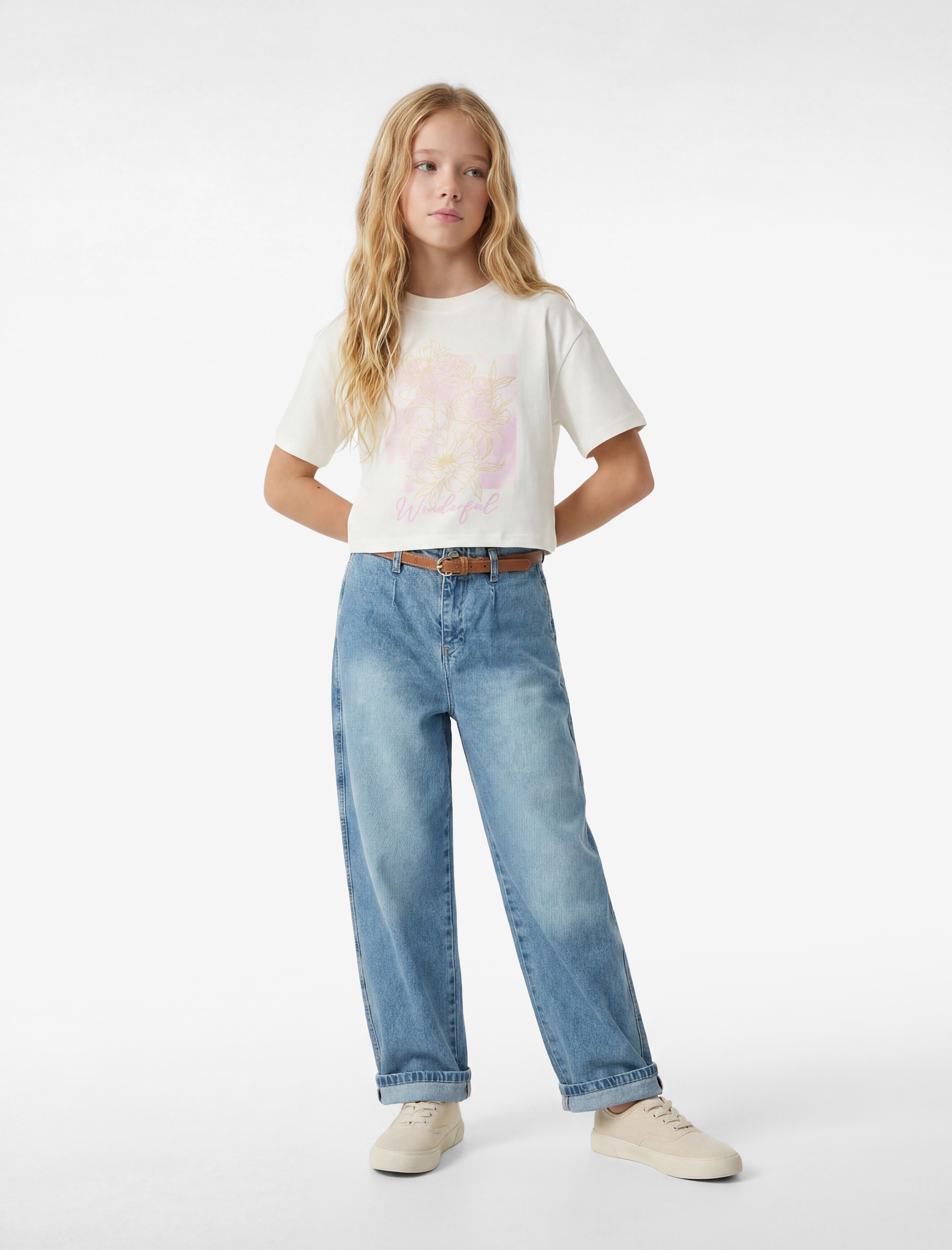  Kız Çocuk Kısa Kollu Bisiklet Yaka Pamuklu Çiçek Baskılı Tişört