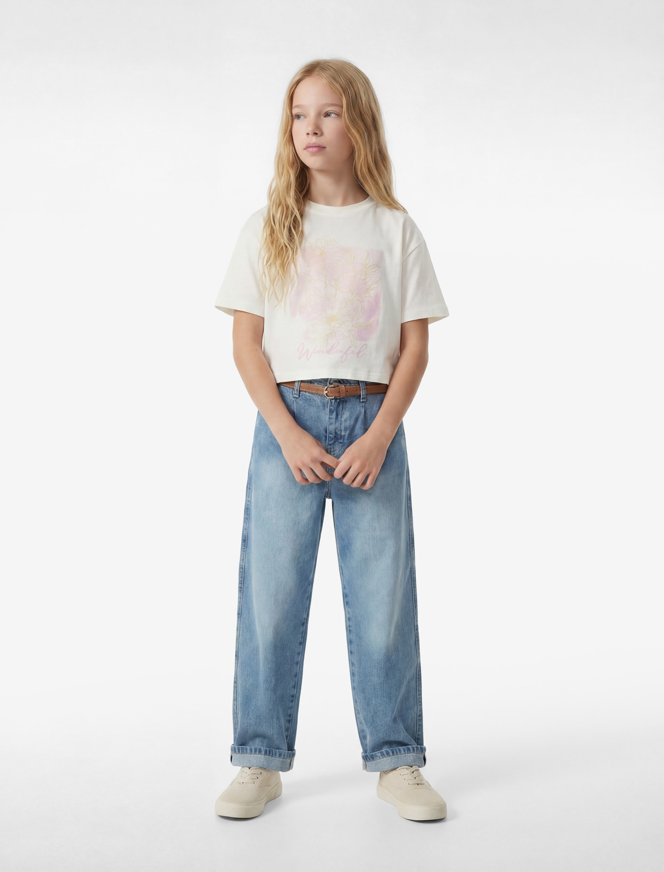  Kız Çocuk Kısa Kollu Bisiklet Yaka Pamuklu Çiçek Baskılı Tişört