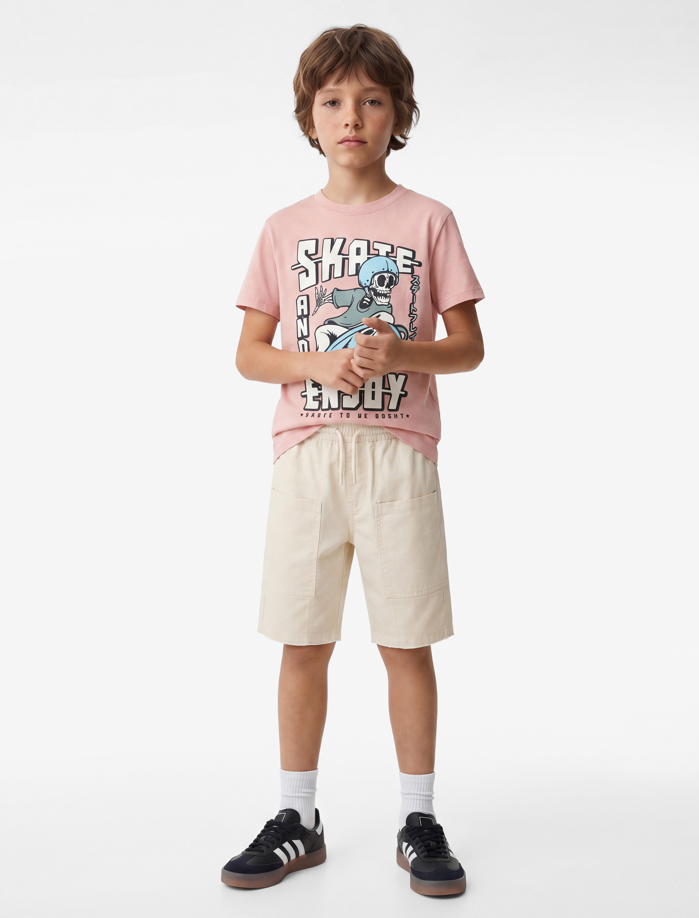  Erkek Çocuk Pamuklu Kısa Kollu Bisiklet Yaka Kaykay Temalı İskelet Baskılı Tişört