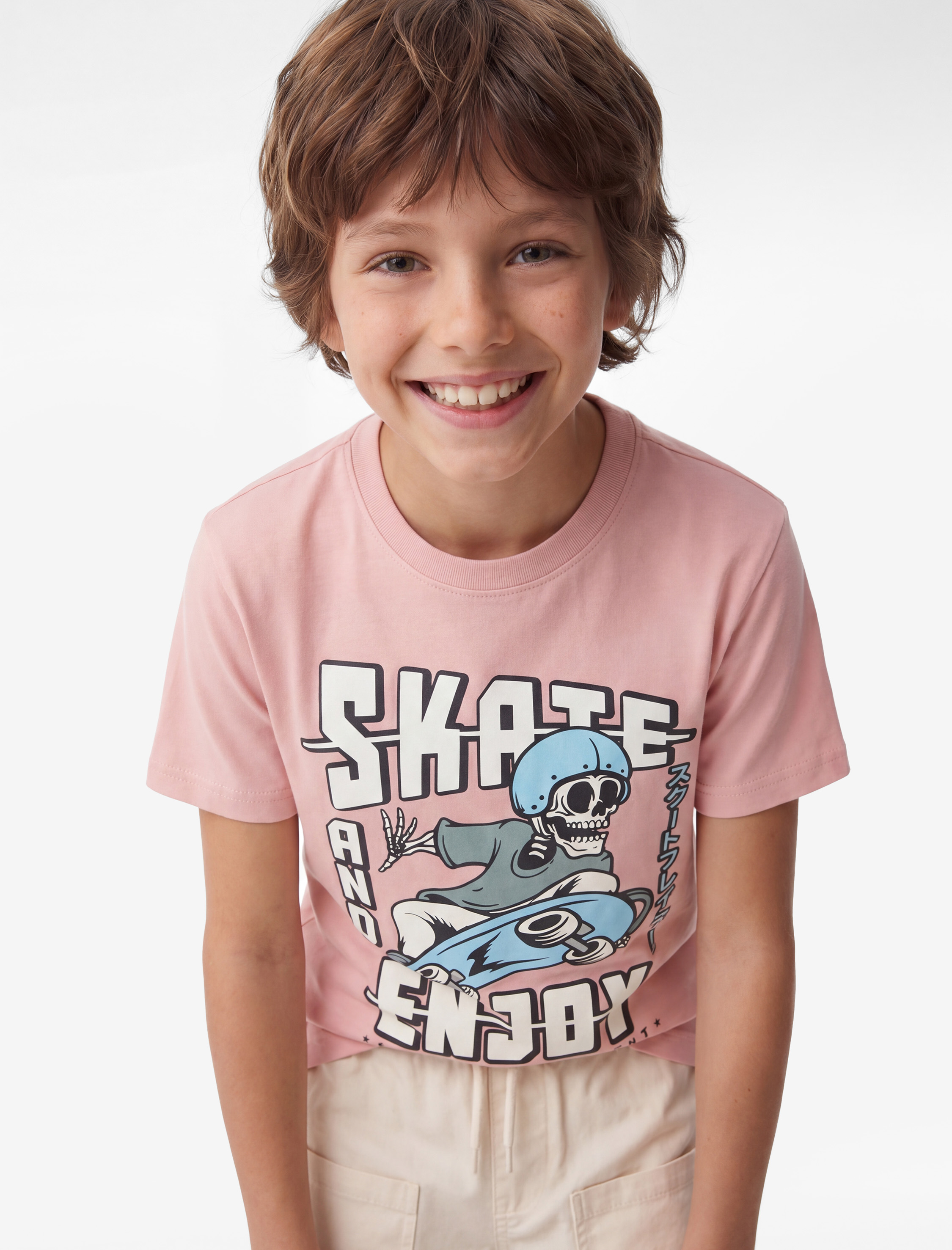  Erkek Çocuk Pamuklu Kısa Kollu Bisiklet Yaka Kaykay Temalı İskelet Baskılı Tişört