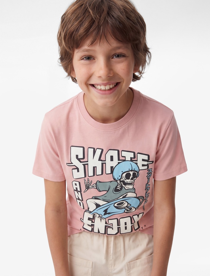 Erkek Çocuk Pamuklu Kısa Kollu Bisiklet Yaka Kaykay Temalı İskelet Baskılı Tişört