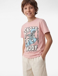 Pamuklu Kısa Kollu Bisiklet Yaka Kaykay Temalı İskelet Baskılı Tişört