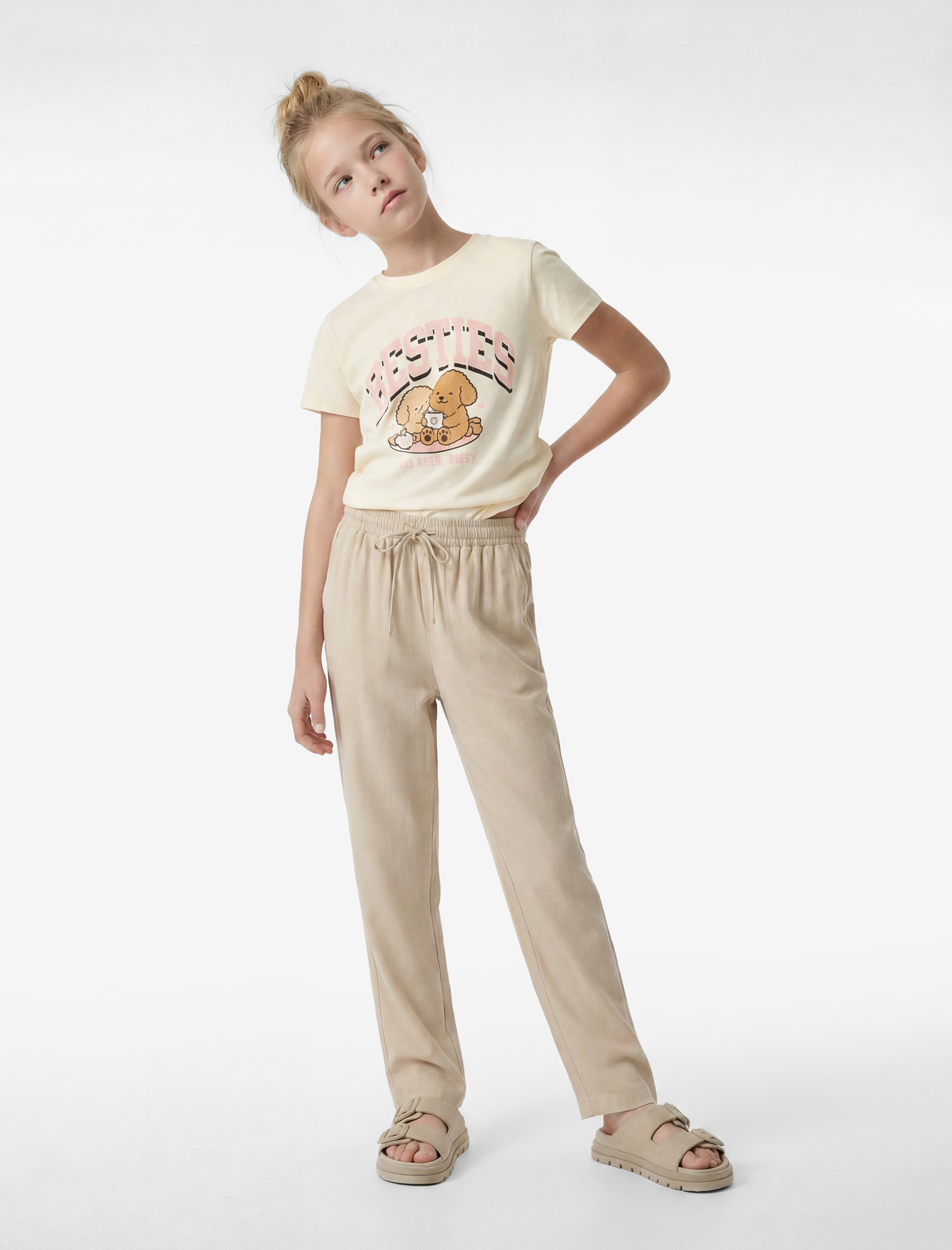  Kız Çocuk Pamuklu Kısa Kollu Bisiklet Yaka Köpek Baskılı Tişört