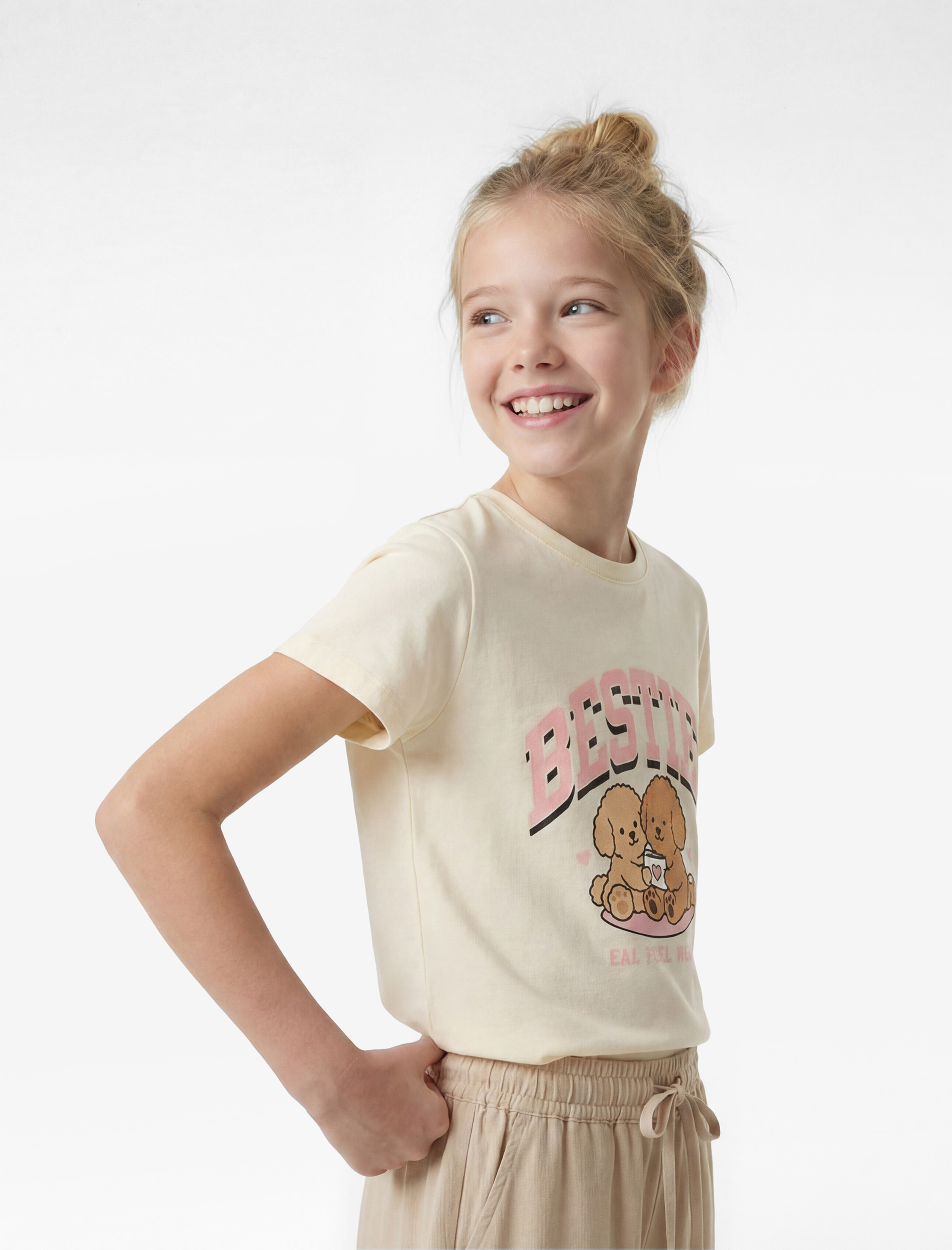  Kız Çocuk Pamuklu Kısa Kollu Bisiklet Yaka Köpek Baskılı Tişört