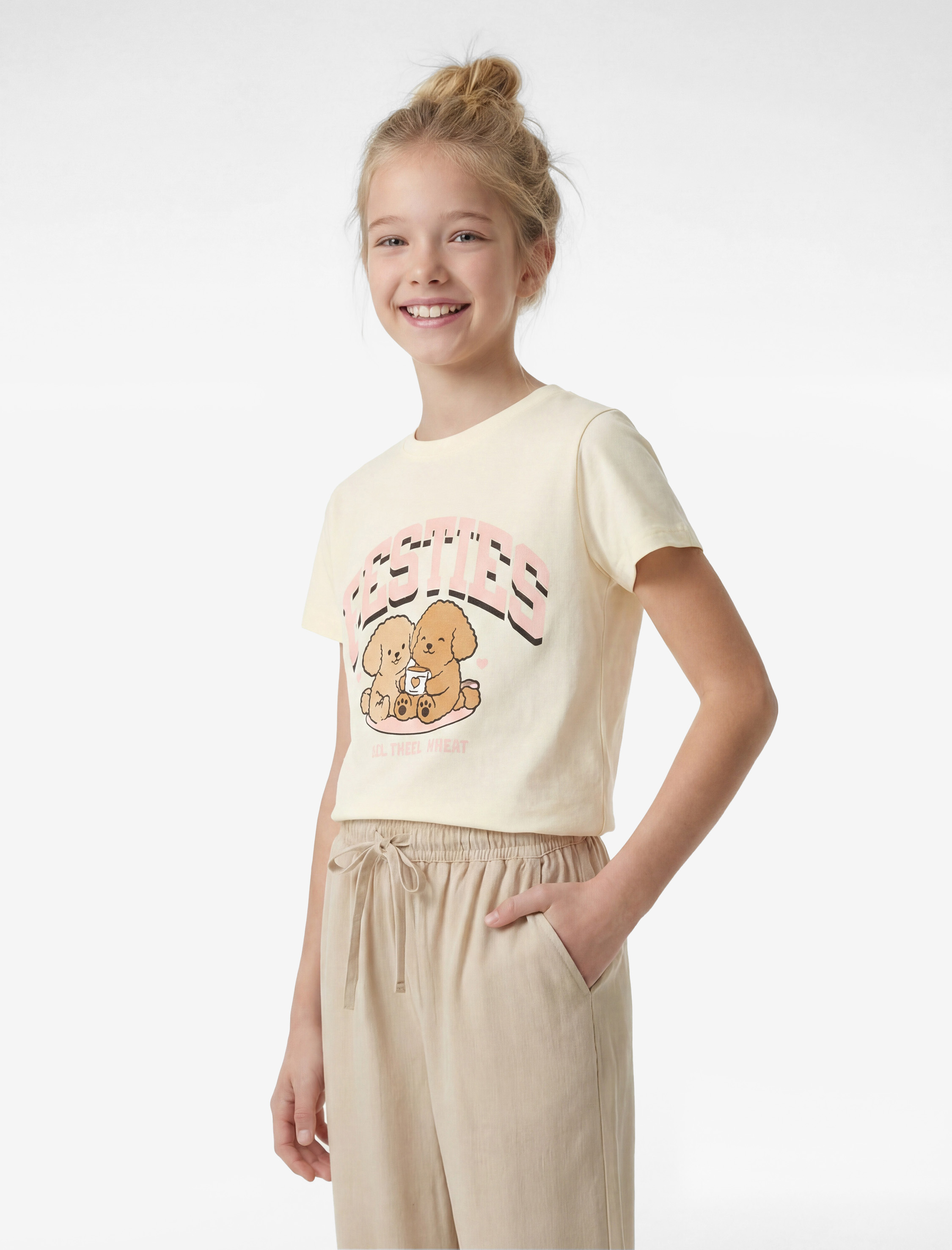  Kız Çocuk Pamuklu Kısa Kollu Bisiklet Yaka Köpek Baskılı Tişört