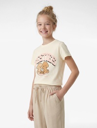 Pamuklu Kısa Kollu Bisiklet Yaka Köpek Baskılı Tişört