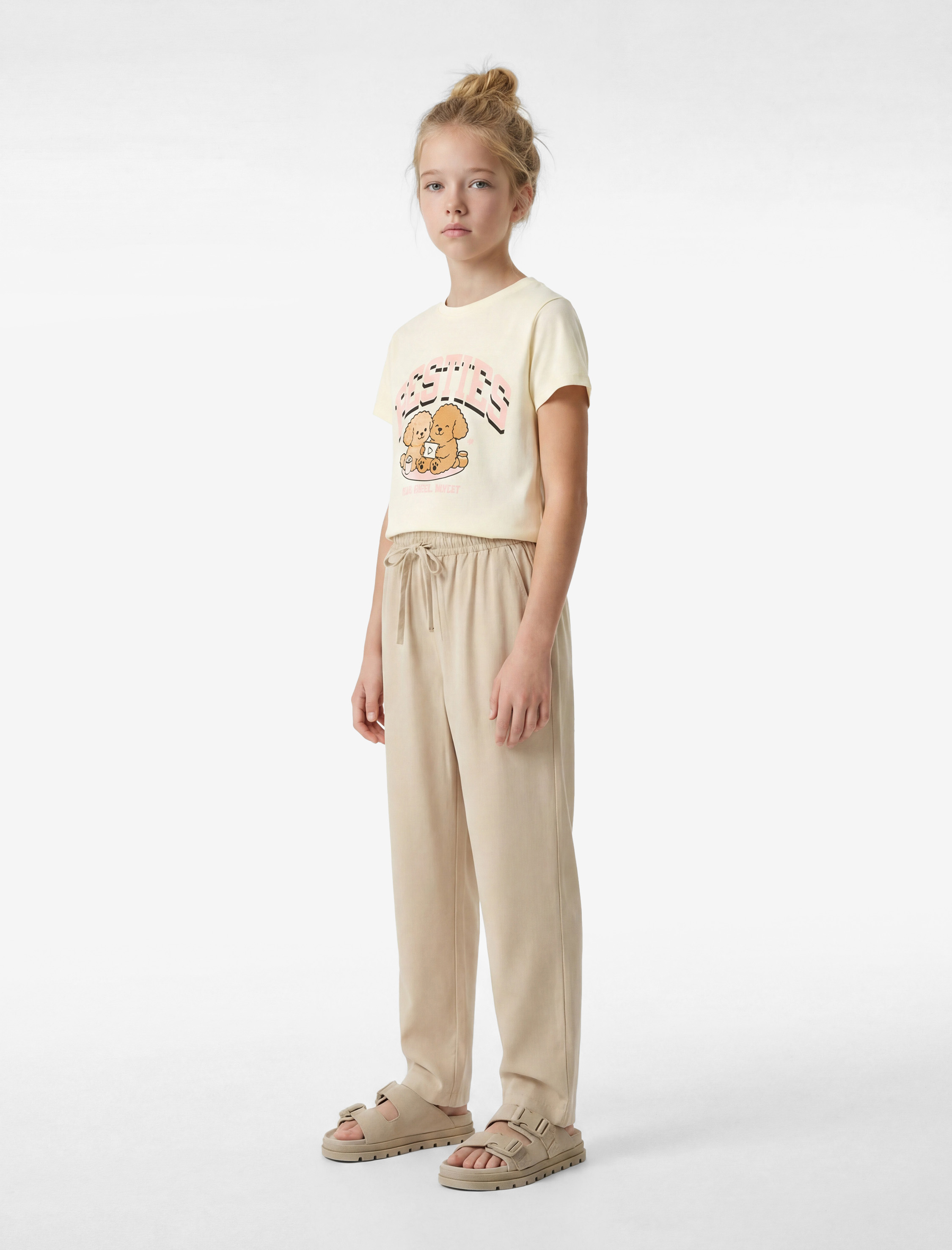  Kız Çocuk Pamuklu Kısa Kollu Bisiklet Yaka Köpek Baskılı Tişört