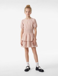 Pamuklu Bisiklet Yaka Katlı Gipeli Ekoseli Kısa Kollu Balon Kol Elbise