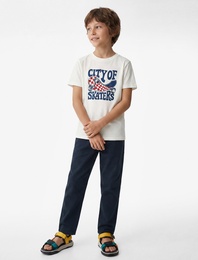 Pamuklu Bisiklet Yaka Kısa Kollu Kaykay Temalı Baskılı Tişört