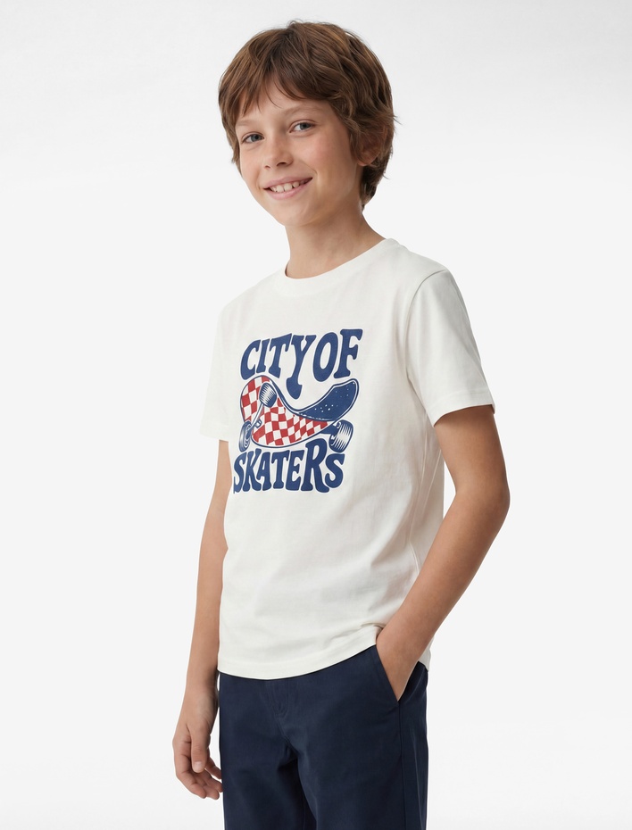 Erkek Çocuk Pamuklu Bisiklet Yaka Kısa Kollu Kaykay Temalı Baskılı Tişört