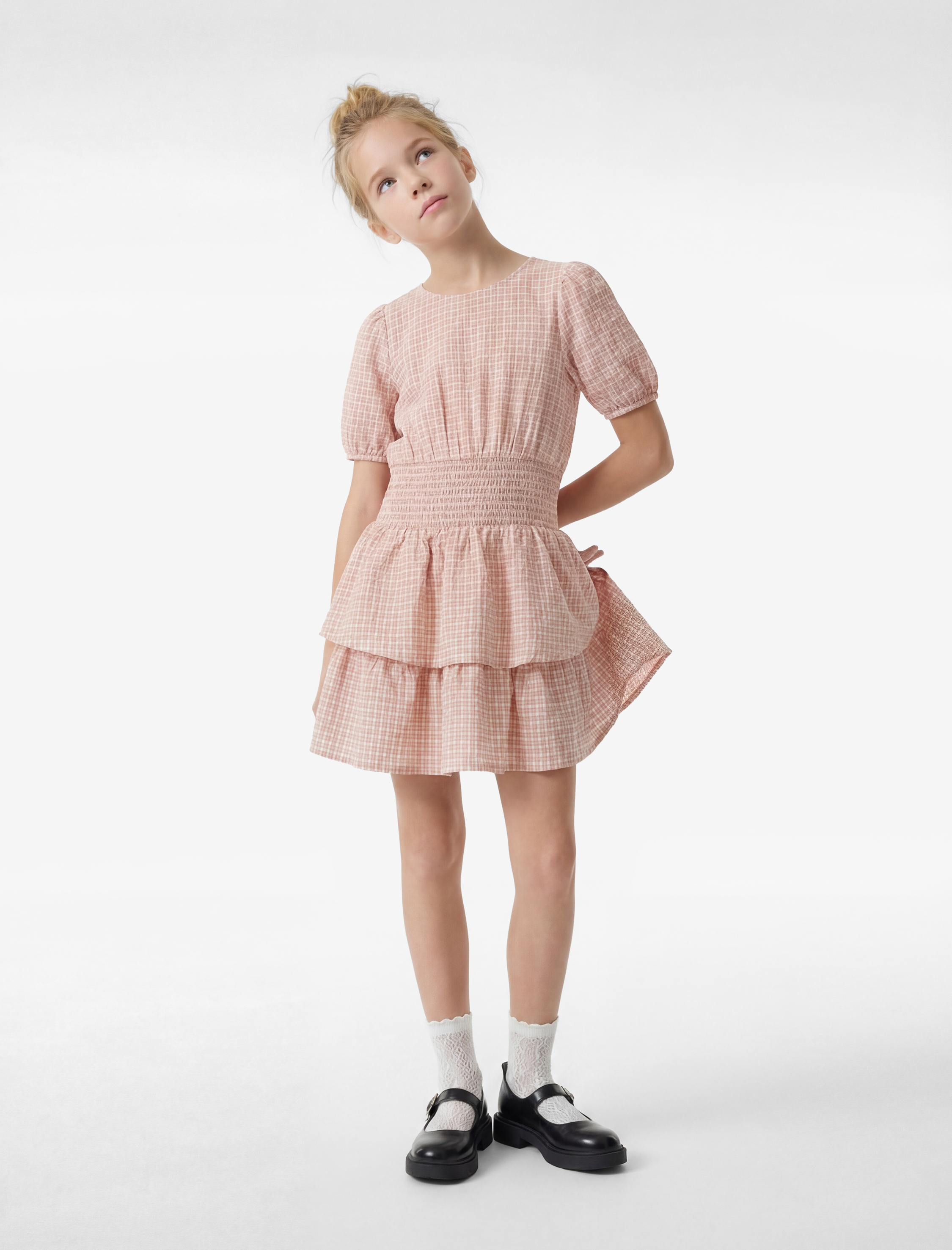  Kız Çocuk Pamuklu Bisiklet Yaka Katlı Gipeli Ekoseli Kısa Kollu Balon Kol Elbise