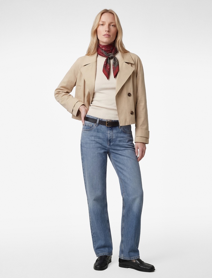  Pamuklu Uzun Kollu Düğmeli Cepli Kruvaze Kısa Gabardin Trençkot