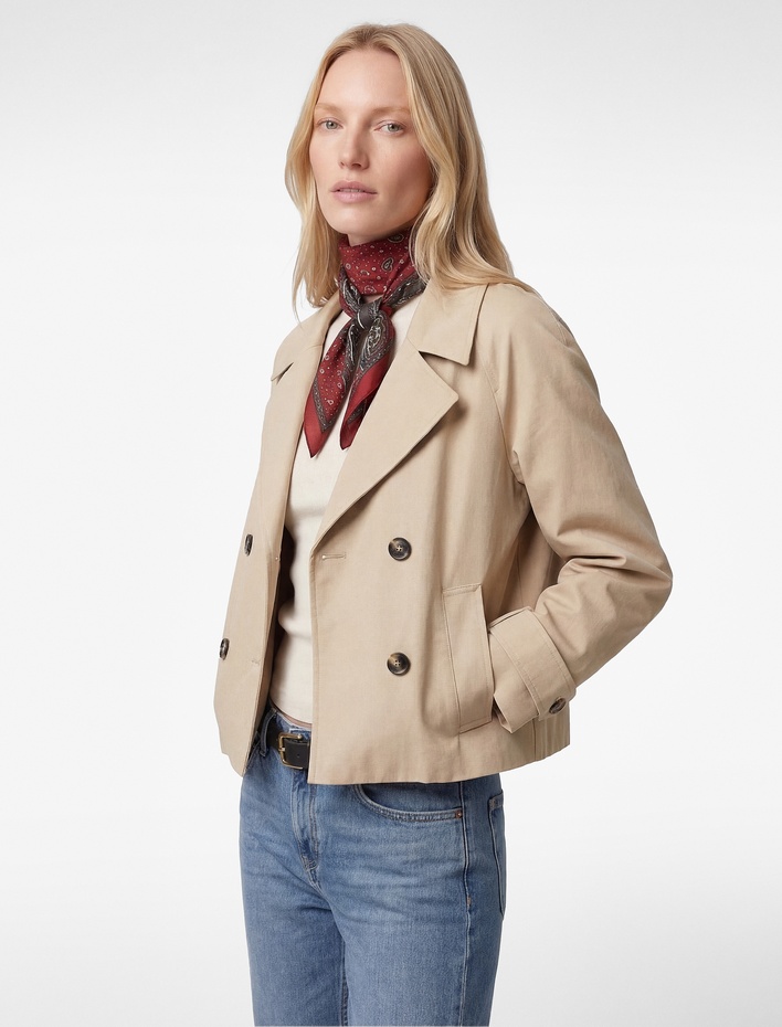  Pamuklu Uzun Kollu Düğmeli Cepli Kruvaze Kısa Gabardin Trençkot