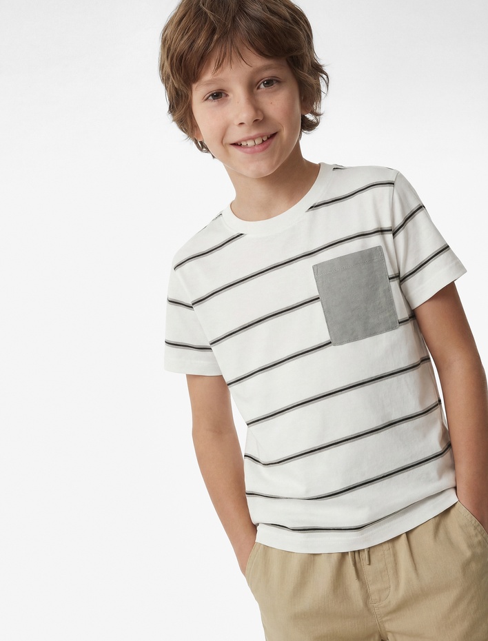 Erkek Çocuk Pamuklu Cep Detaylı Kısa Kollu Bisiklet Yaka Çizgili Tişört