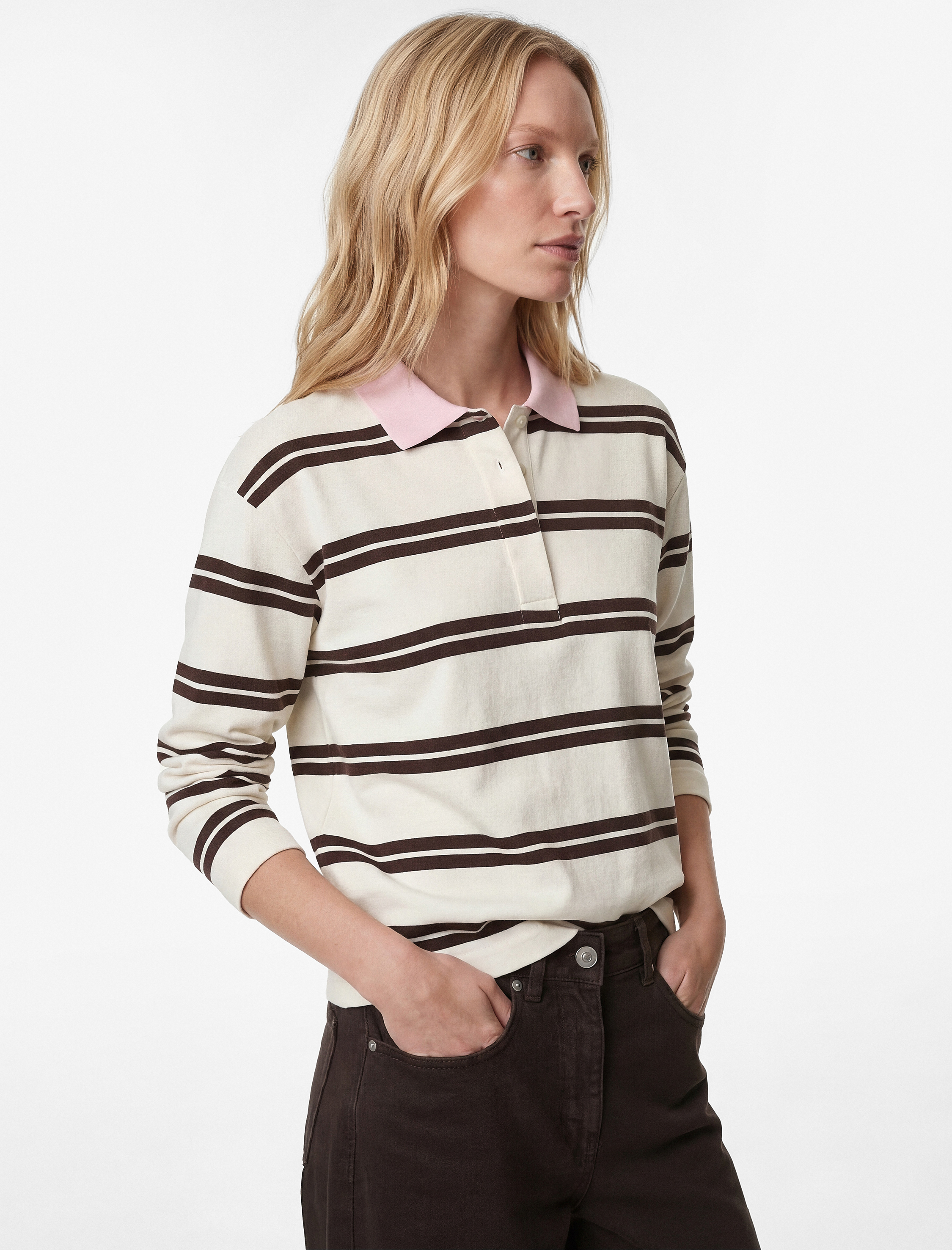   Regular Fit Uzun Kollu Kontrast Detaylı Polo Yaka Çizgili Sweatshirt