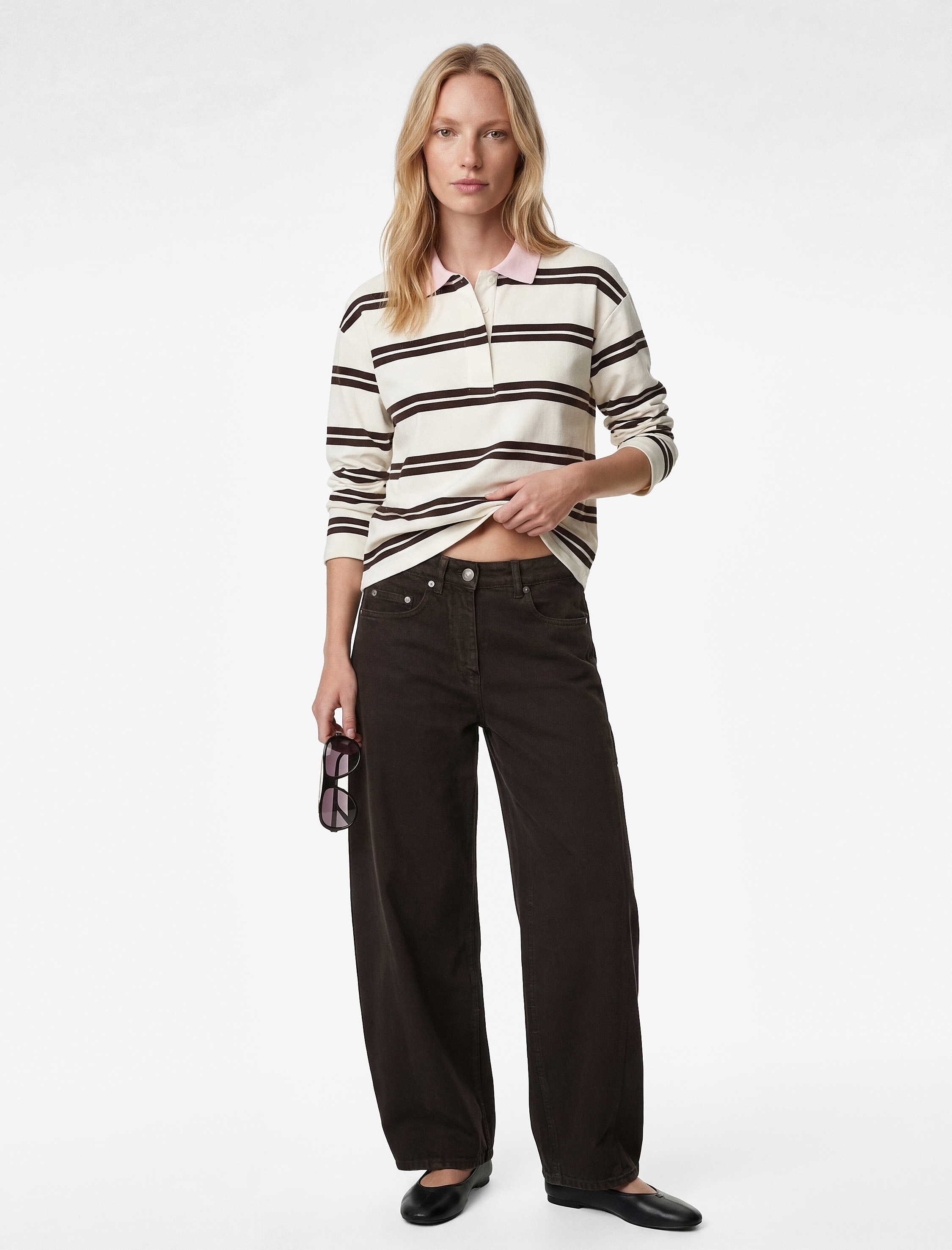   Regular Fit Uzun Kollu Kontrast Detaylı Polo Yaka Çizgili Sweatshirt