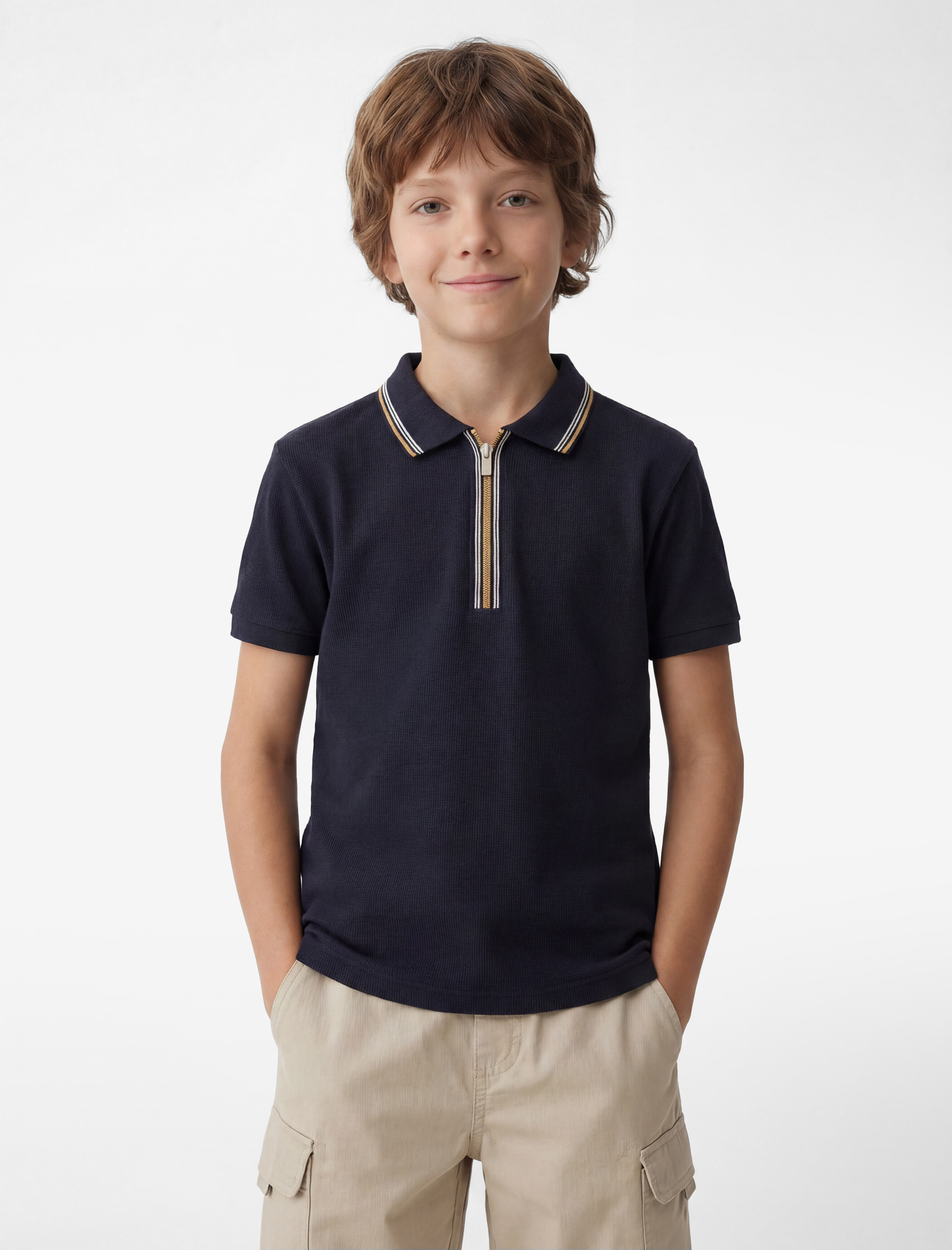  Erkek Çocuk Pamuklu Kısa Kollu Polo Yaka Fermuarlı Tişört