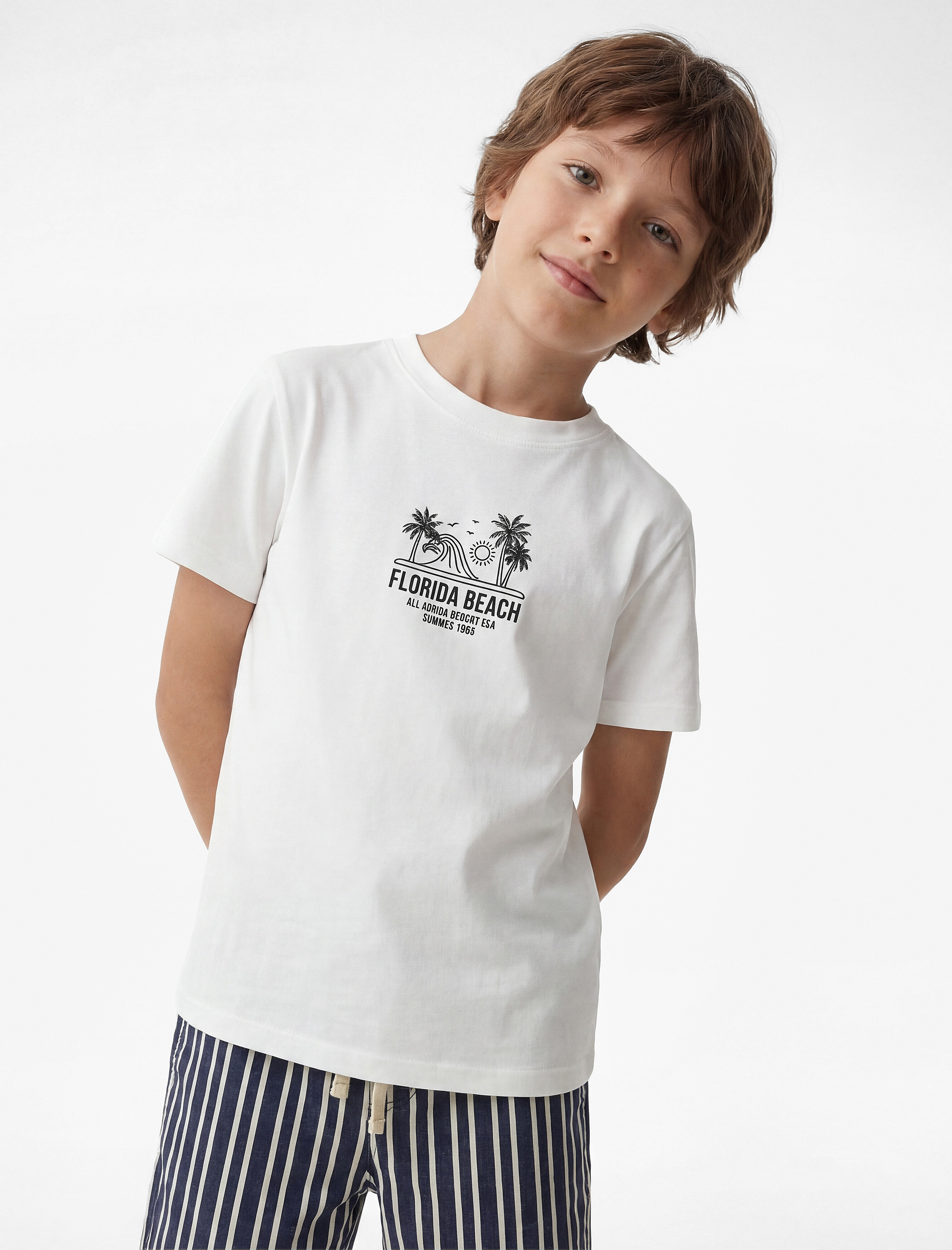  Erkek Çocuk Pamuklu Kısa Kollu Bisiklet Yaka Baskılı Tişört