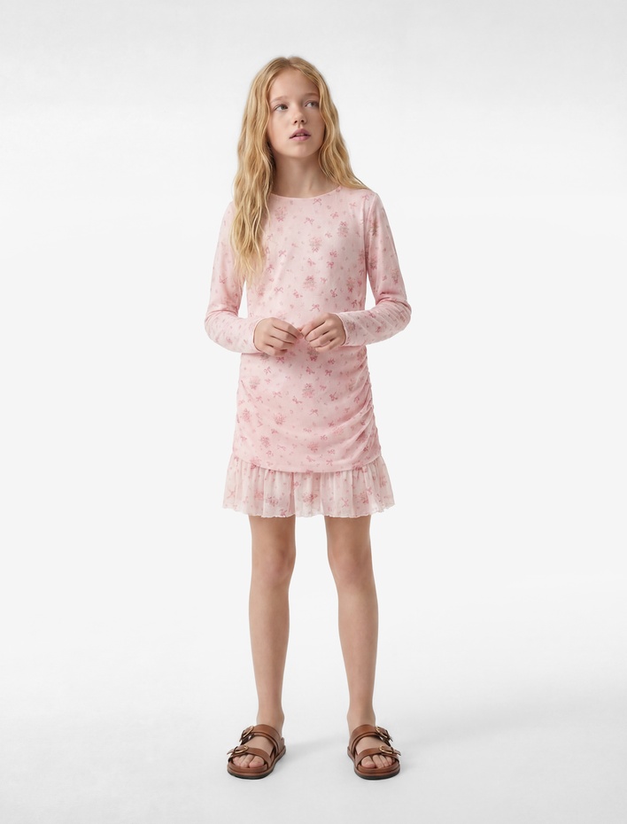 Kız Çocuk Drapeli Slim Fit Uzun Kollu Desenli Bisiklet Yaka Tül Elbise