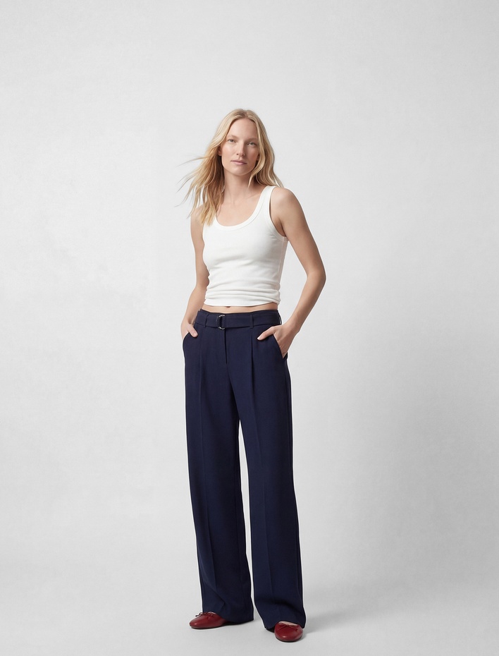  Standart Bel Kemerli Geniş Paça Pantolon