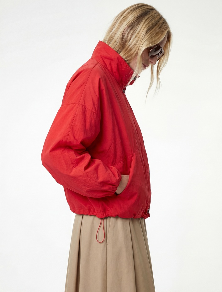  Krinkıl Paraşüt Kumaş Uzun Kollu Cepli Fermuarlı Dik Yaka Crop Yağmurluk