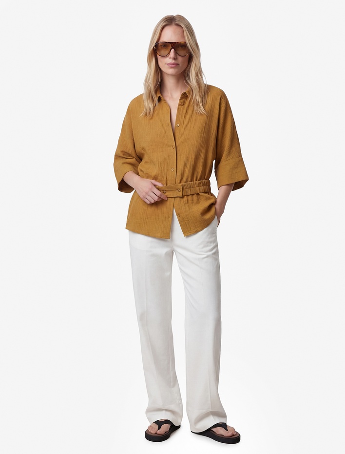  Viskon Karışımlı Dokulu Geniş 3/4 Kısa Kollu Kemerli Oversize Gömlek