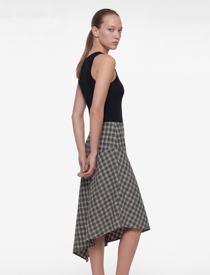  Pamuklu Asimetrik Kesim Ekoseli Midi Etek