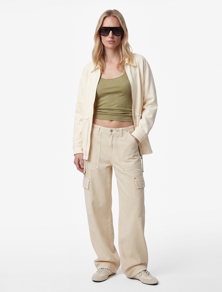  Uzun Kollu Belden Ayarlanabilir Bağlamalı Fermuarlı Ceket