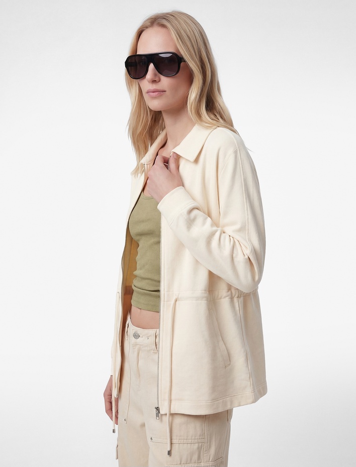  Uzun Kollu Belden Ayarlanabilir Bağlamalı Fermuarlı Ceket