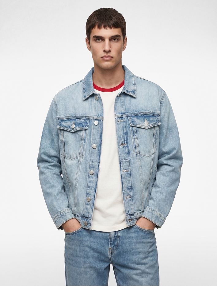  Pamuklu Uzun Kollu Kapaklı Cepli Gömlek Yaka Düğmeli Jean Ceket