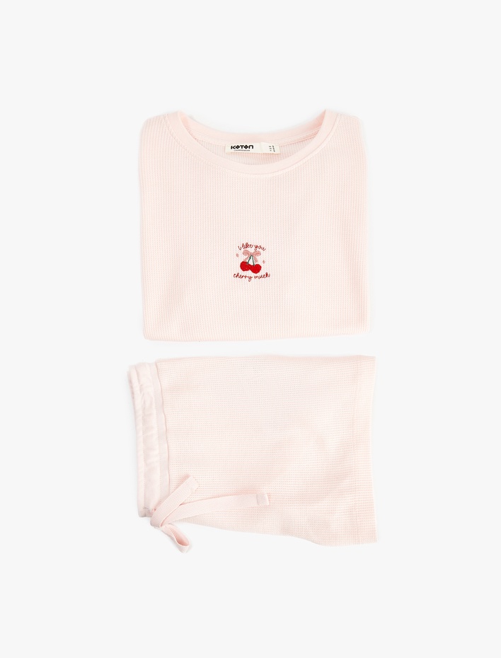  Kiraz Detaylı Bisiklet Yaka Kısa Kollu Dokulu Pijama Takımı