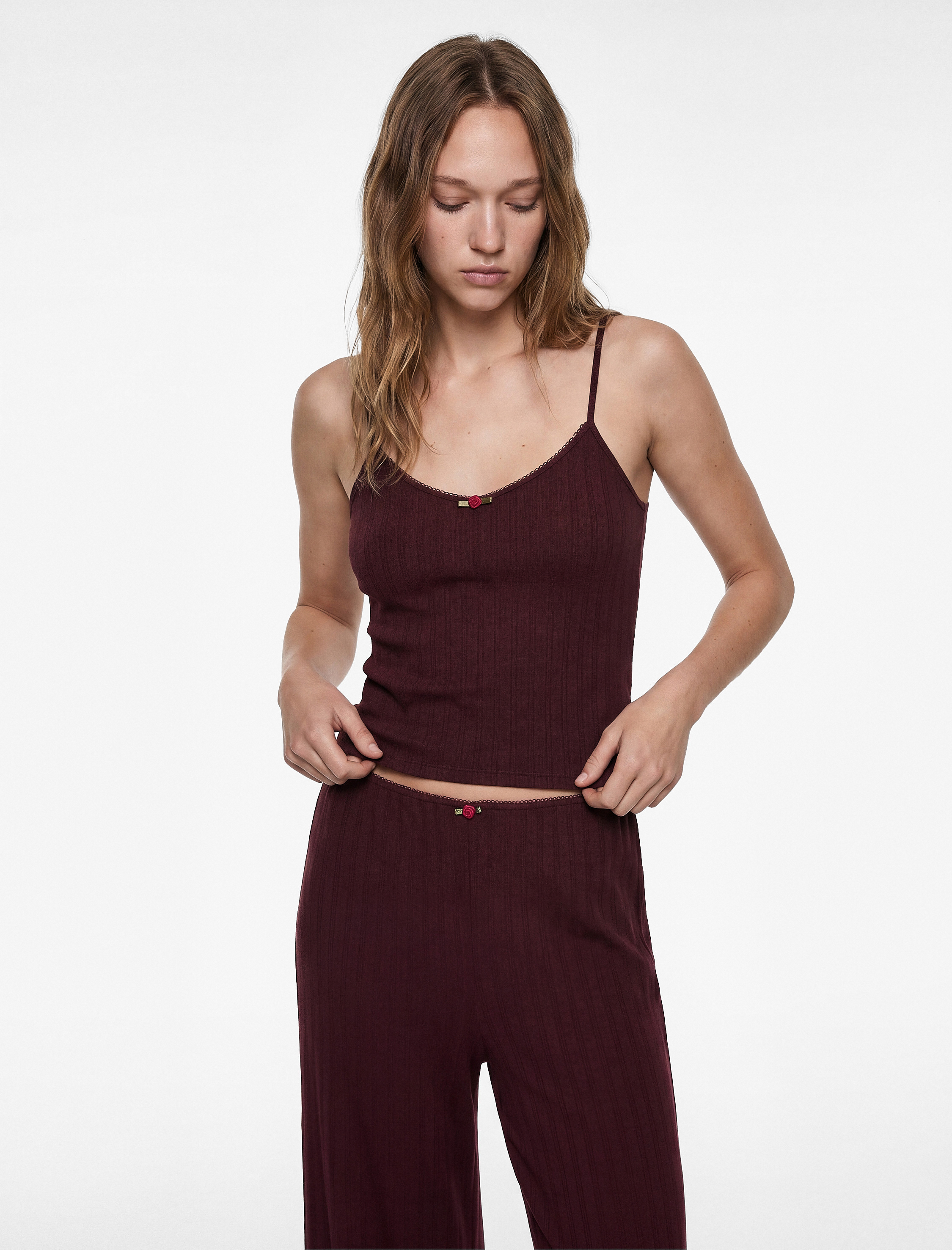   Viskon Karışımlı V Yaka Askılı Rahat Kesim Pijama Üstü