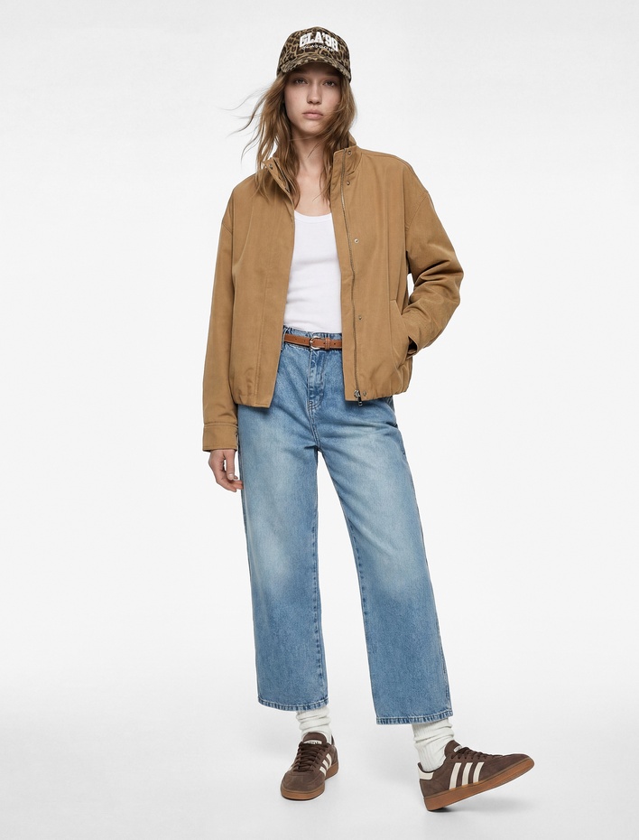  Yüksek Bel Pamuklu Kemerli Kısa Geniş Paça Denim Pantolon - Wide Leg Jean