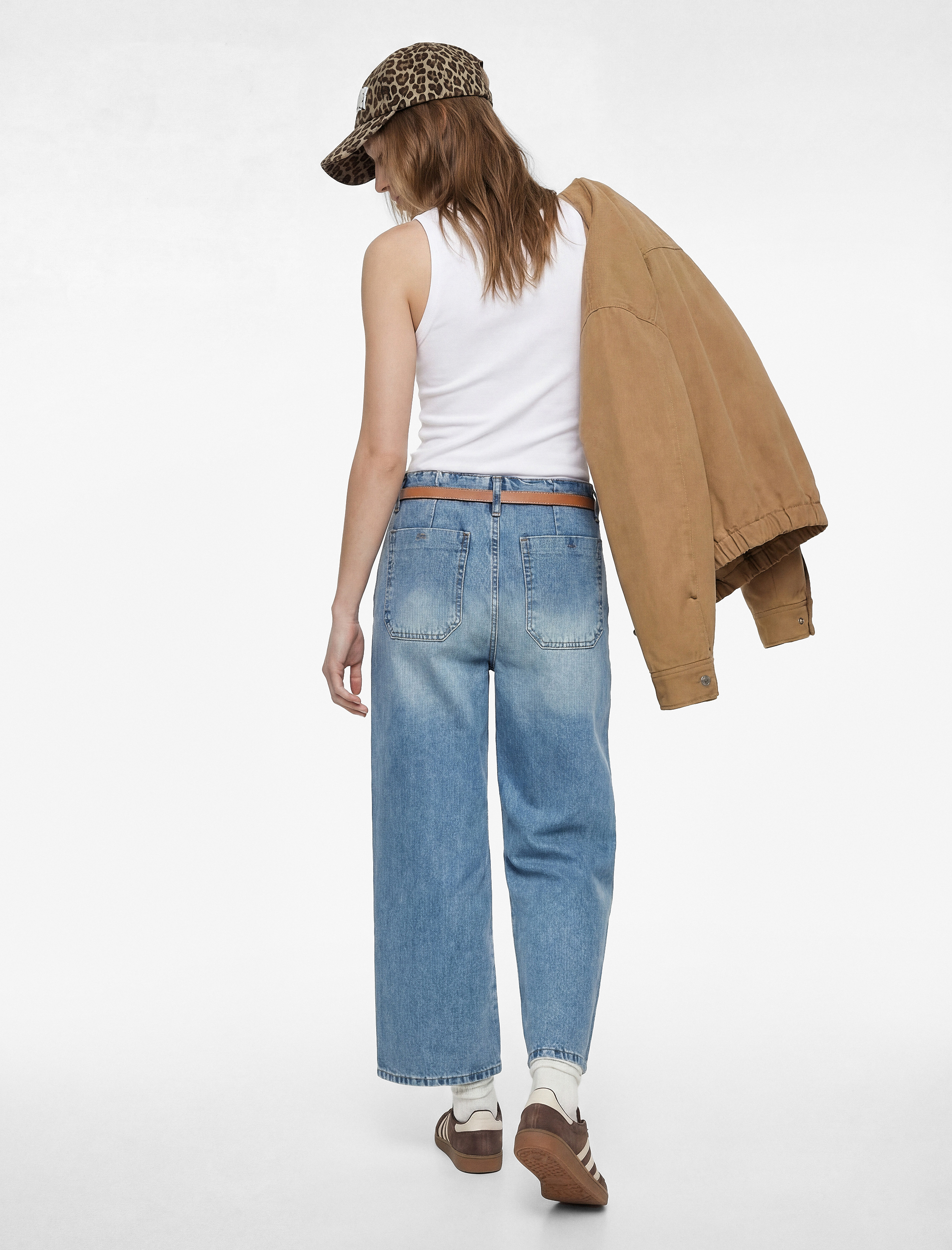   Yüksek Bel Pamuklu Kemerli Kısa Geniş Paça Denim Pantolon - Wide Leg Jean