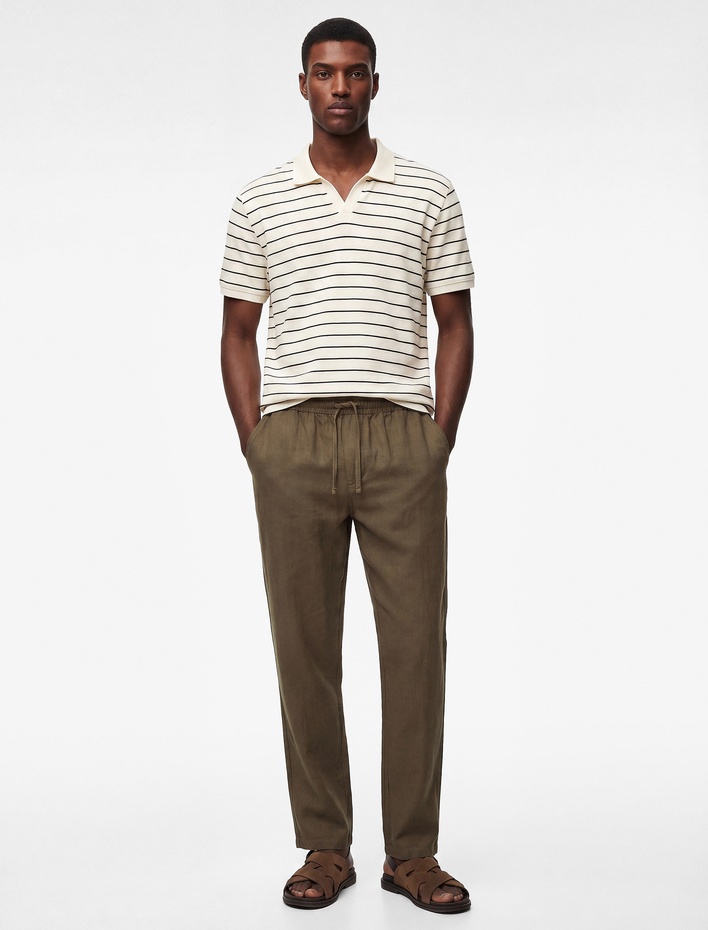  Beli Bağcıklı Cep Detaylı Keten Pamuk Karışımlı Pantolon