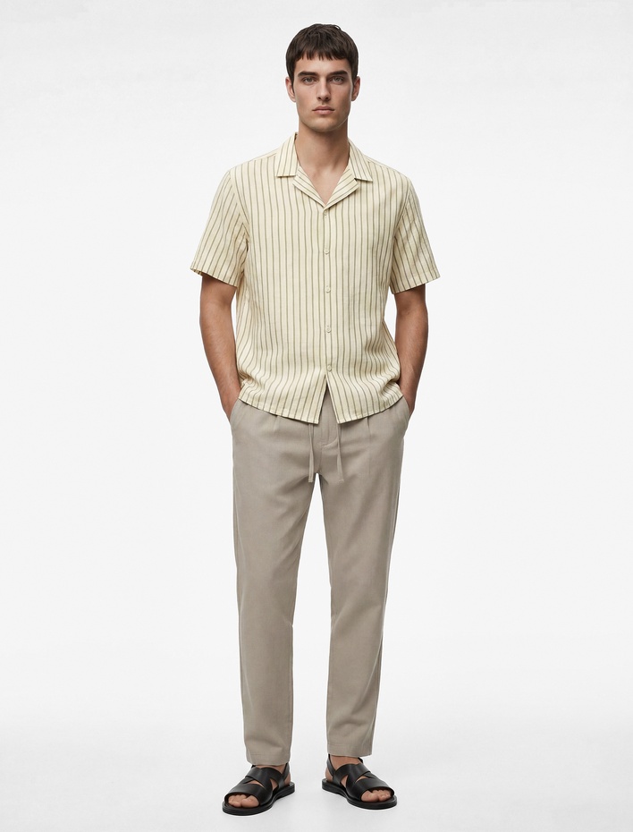  Regular Fit Kısa Kollu Pamuklu Devrik Yaka Çizgili Gömlek