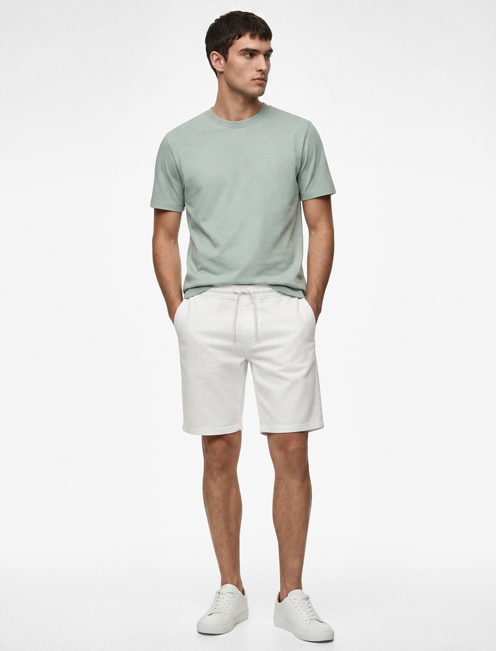  Pamuklu Bermuda Cepli Slim Fit Beli Bağcıklı Jean Şort