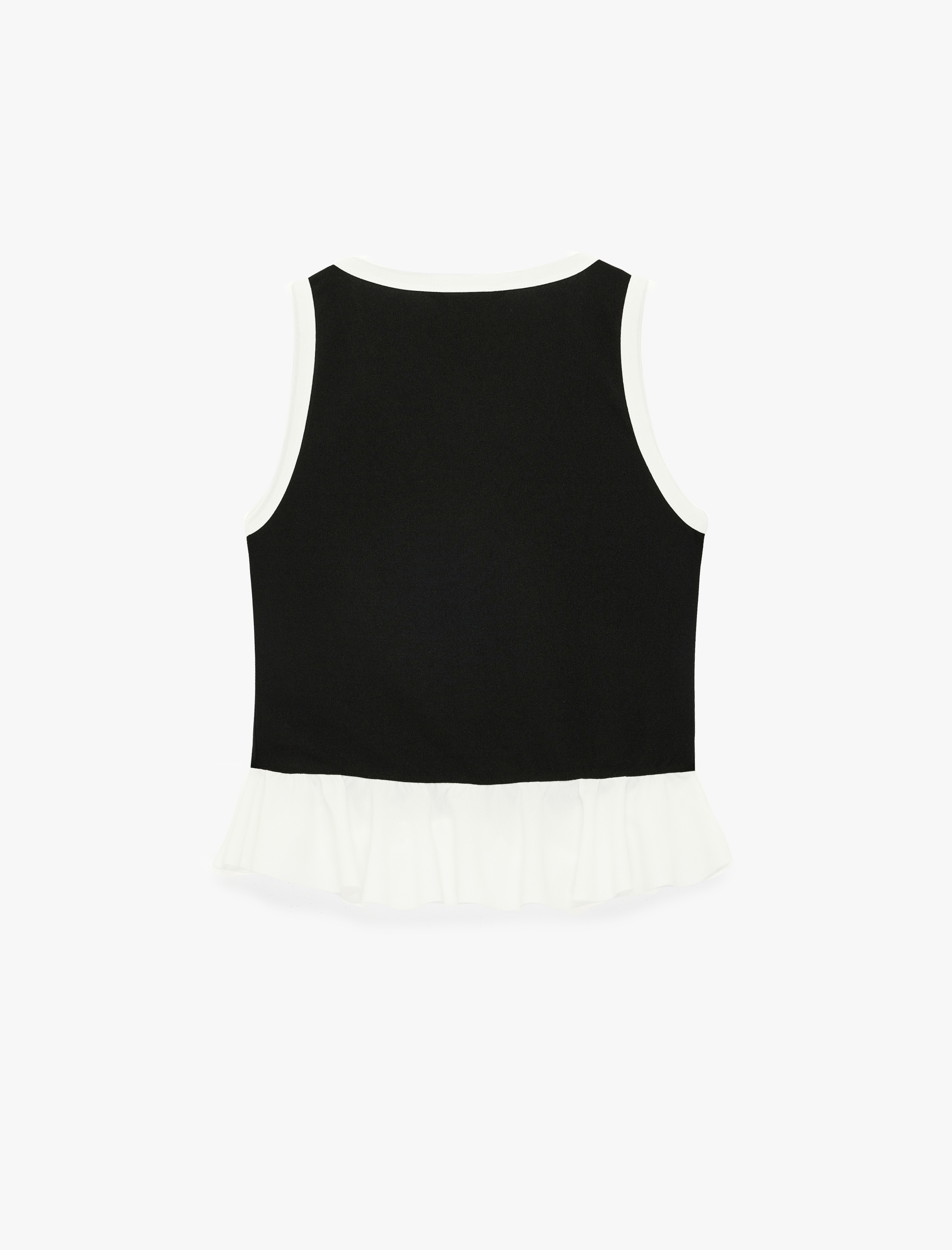   Renk Kontrastlı Krep Scuba Kumaş Kolsuz Düğmeli V Yaka Fırfırlı Peplum Bluz