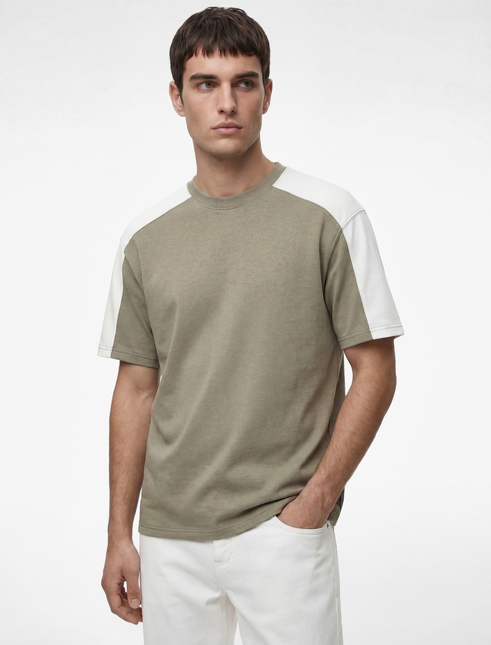  Rahat Kalıp Bisiklet Yaka Pamuklu Renk Kontrastlı Kısa Kollu Tişört