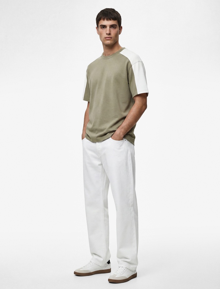  Rahat Kalıp Bisiklet Yaka Pamuklu Renk Kontrastlı Kısa Kollu Tişört