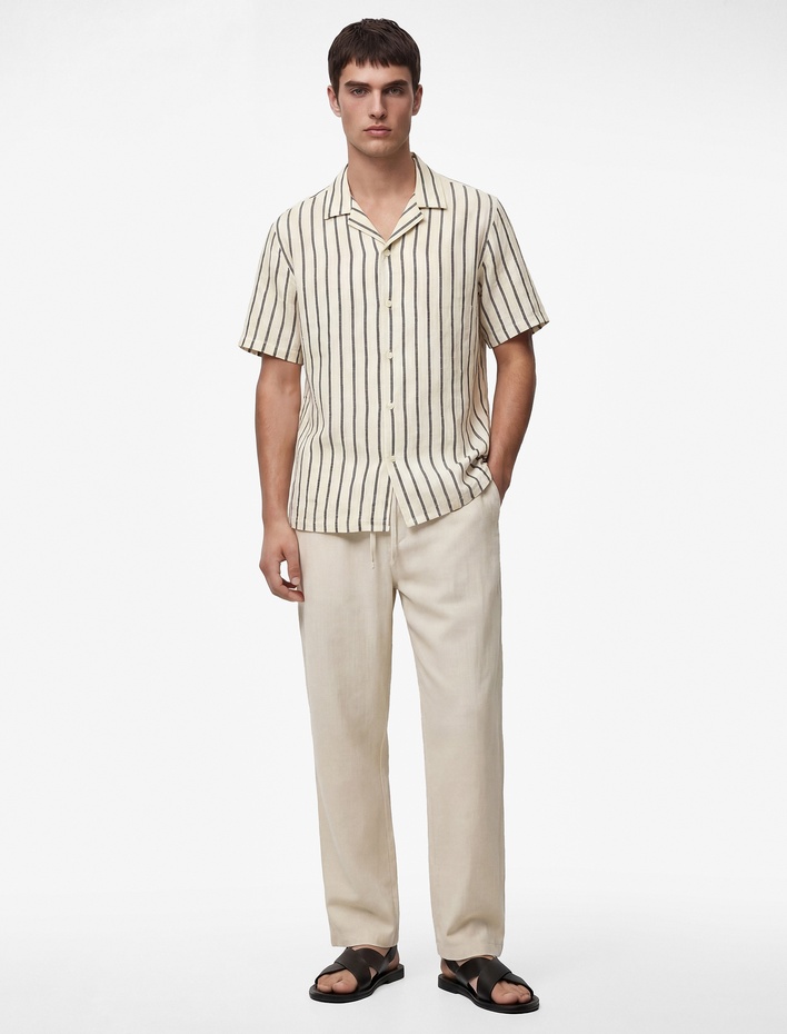  Regular Fit Kısa Kollu Pamuklu Devrik Yaka Çizgili Gömlek