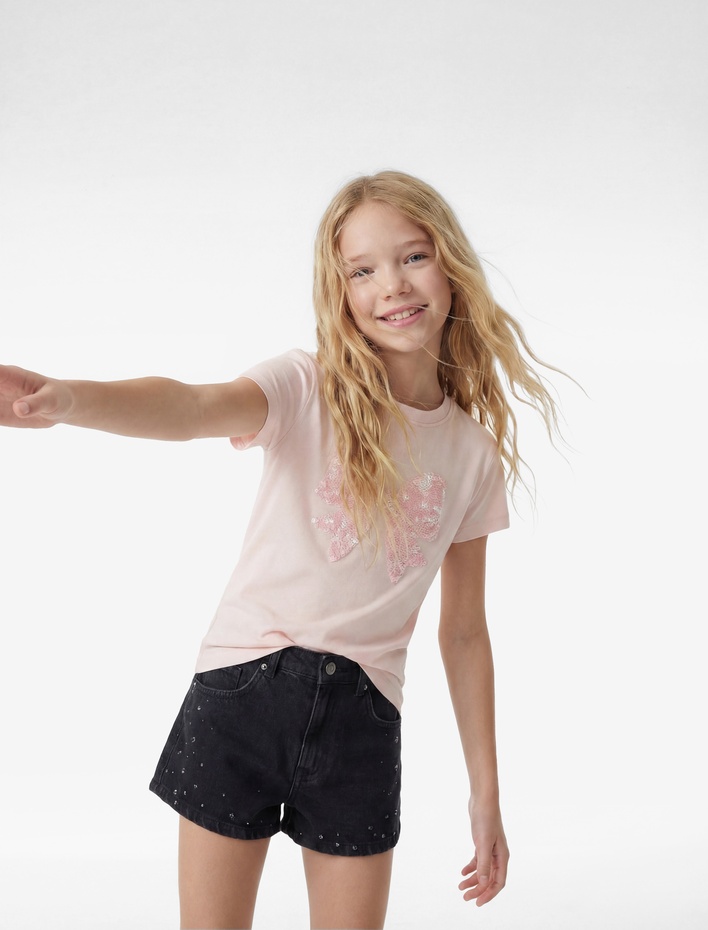 Kız Çocuk Pullu Payetli Kısa Kollu Bisiklet Yaka Pamuklu Fiyonklu Tişört