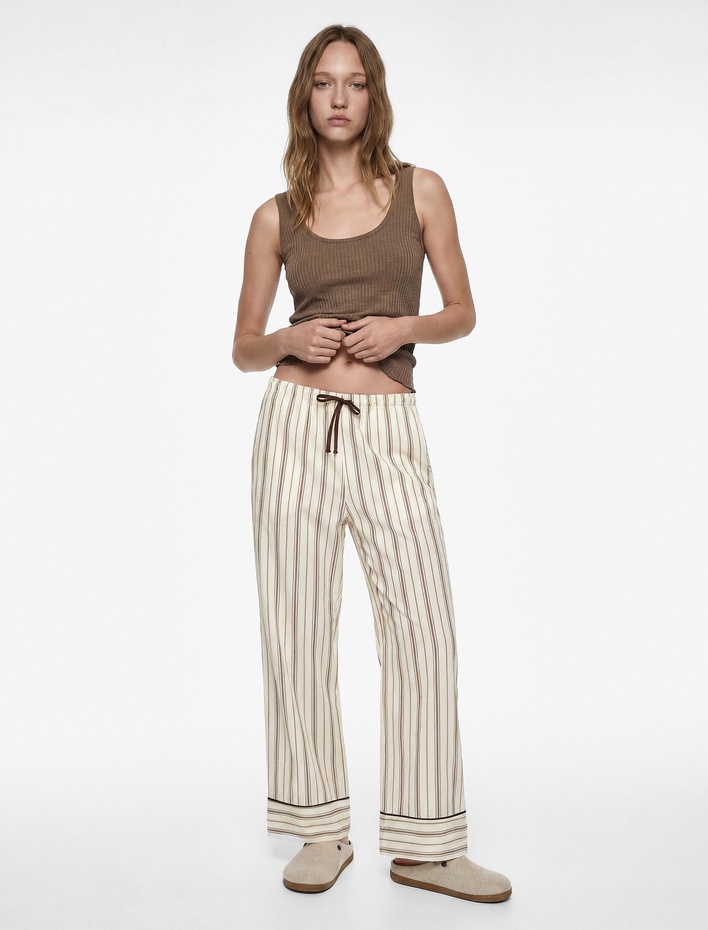  Beli Lastikli Rahat Kalıp Viskon Çizgili Pijama Altı