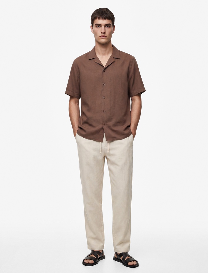  Regular Fit Kısa Kollu Düğmeli Devrik Yaka Modal Gömlek