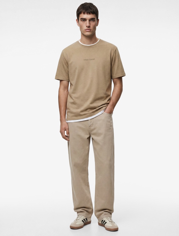  Regular Fit Kısa Kollu Bisiklet Yaka Pamuklu Kontrast Detaylı Baskılı Tişört