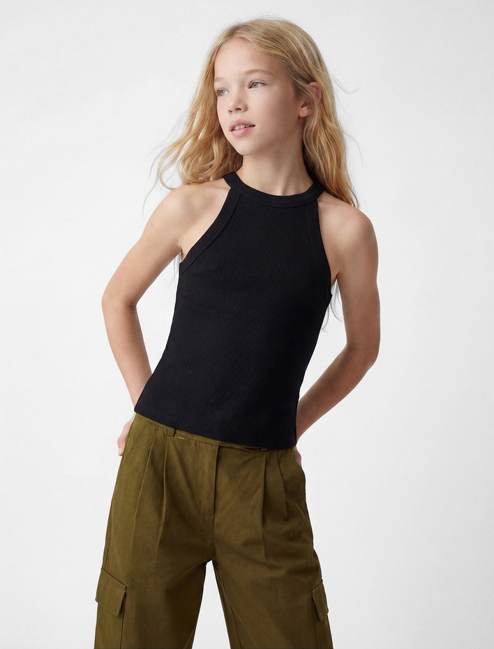 Kız Çocuk Ribanalı Halter Yaka Kolsuz Pamuklu Crop Atlet